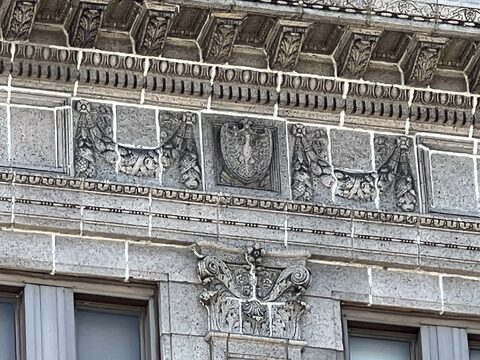 Carved stone detailing on a historic downtown building