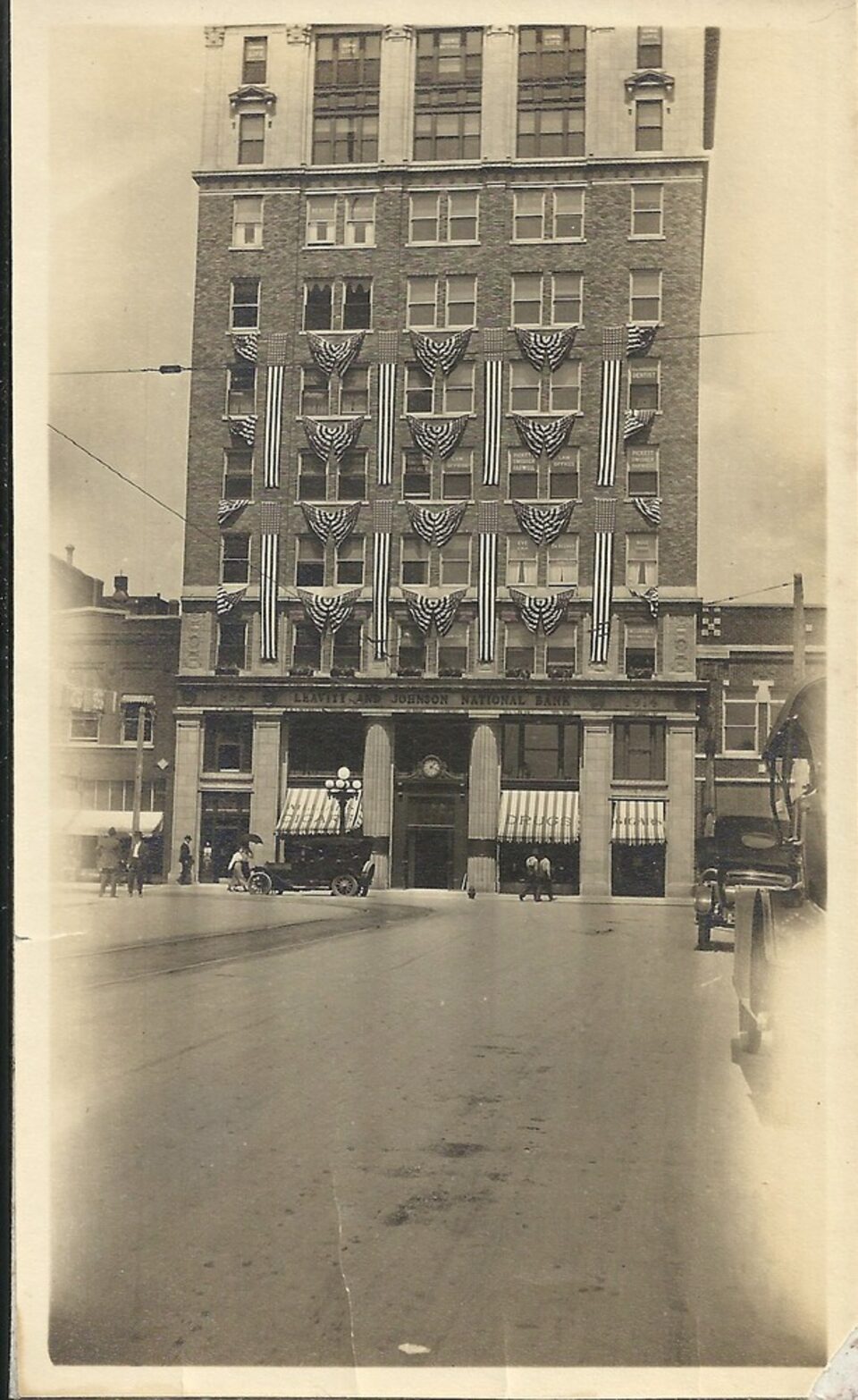 A historic photograph of the Leavitt & Johnson National Bank building — today The Waterloo Building — in Waterloo, Iowa