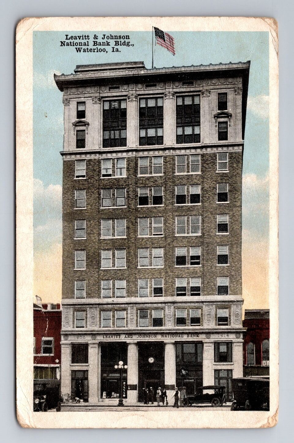 A vintage postcard of The Waterloo Building, formerly the Leavitt & Johnson National Bank, Waterloo, Iowa