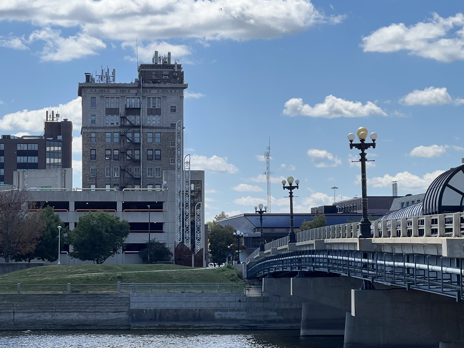 The downtown Waterloo skyline along the Cedar River, near The Waterloo Building