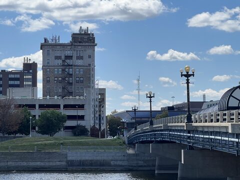 The downtown Waterloo skyline along the Cedar River